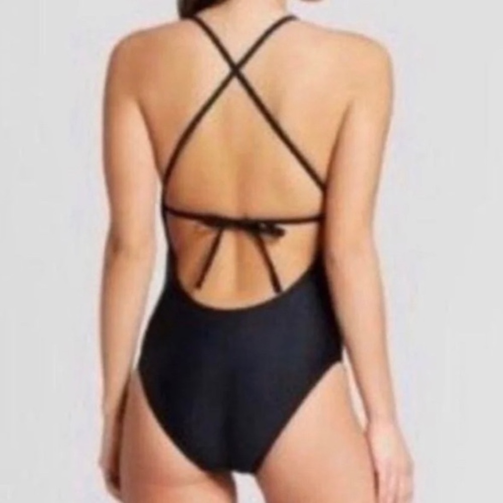 Xhilaration Embroidered One Piece Swimsuit Black Cross Back Mesh Floral S - Picture 3 of 10